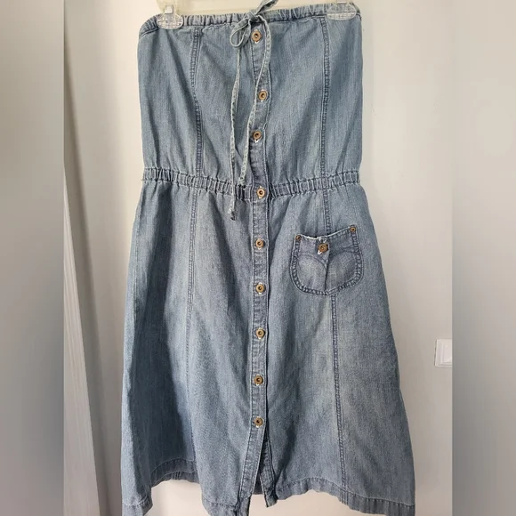 Y2K Levi's Strapless Cotton Denim Button Down Midi Length Dress - Picture 13 of 15